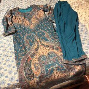 Teal Paisley Dress and Pants Set pashmina  wool3 pc set